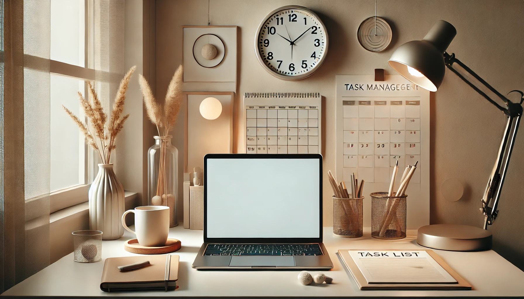 Un espacio de trabajo limpio y moderno que presenta un escritorio con una laptop, un cuaderno y una taza de café, rodeado de un ambiente minimalista.